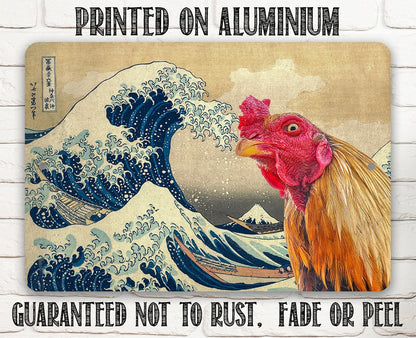 The Great Wave off Kanagawa Painting - Interrupted by Rooster - Metal Sign
