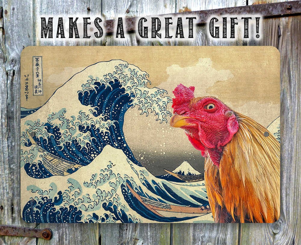 The Great Wave off Kanagawa Painting - Interrupted by Rooster - Metal Sign