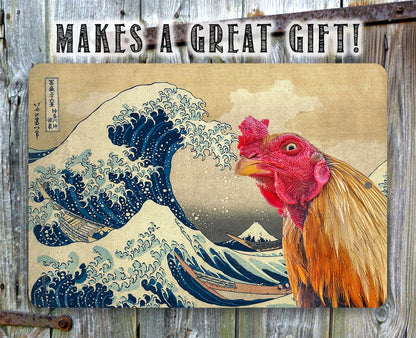 The Great Wave off Kanagawa Painting - Interrupted by Rooster - Metal Sign