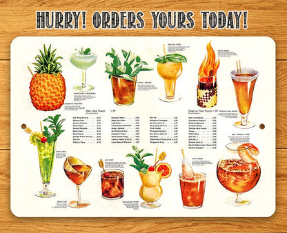 Tiki Tropical Drink Menu - Metal Sign