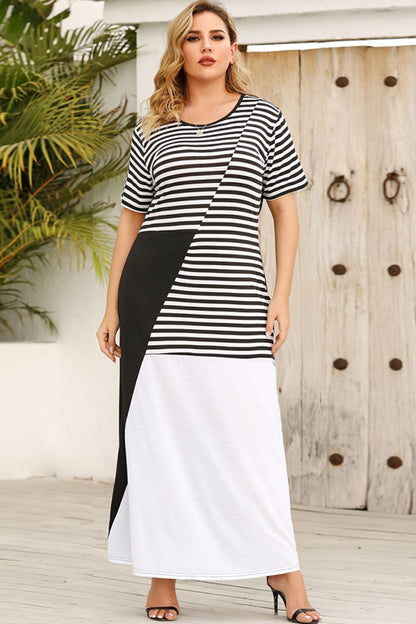 Plus Size Striped Color Block Round Neck Dress