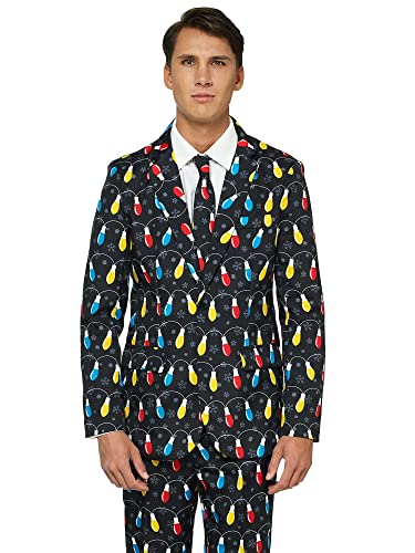 Offstream Men's Christmas Suit - Ugly Christmas Lights Print Outfit - Black - Includes Blazer, Pants - Tie