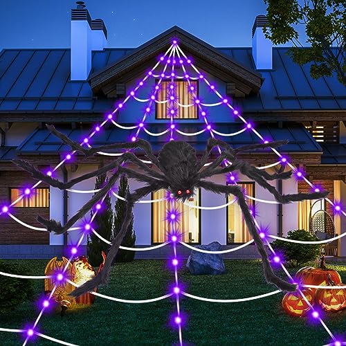 OCATO Halloween Decorations Spider Webs: Halloween Spider Web Lights 135 LED Purple Lights 59" Giant Spider Scary Halloween Decorations Outdoor Indoor for Party Garden Home Costumes Yard Haunted House