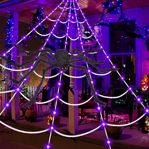 OCATO Halloween Decorations Spider Webs: Halloween Spider Web Lights 135 LED Purple Lights 59" Giant Spider Scary Halloween Decorations Outdoor Indoor for Party Garden Home Costumes Yard Haunted House