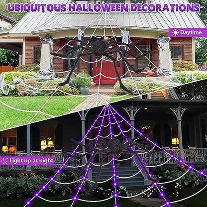 OCATO Halloween Decorations Spider Webs: Halloween Spider Web Lights 135 LED Purple Lights 59" Giant Spider Scary Halloween Decorations Outdoor Indoor for Party Garden Home Costumes Yard Haunted House