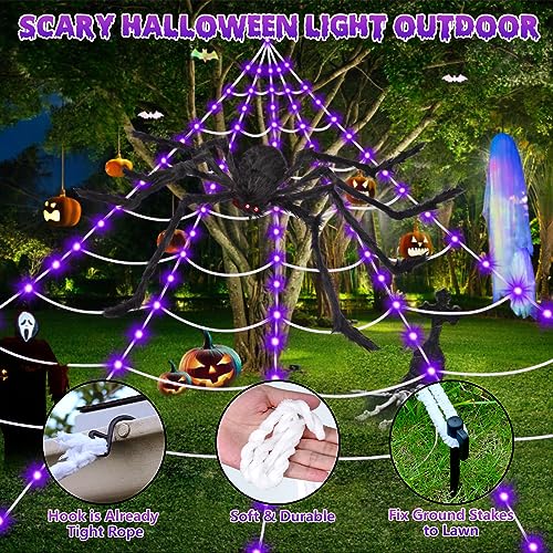 OCATO Halloween Decorations Spider Webs: Halloween Spider Web Lights 135 LED Purple Lights 59" Giant Spider Scary Halloween Decorations Outdoor Indoor for Party Garden Home Costumes Yard Haunted House