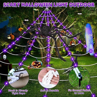 OCATO Halloween Decorations Spider Webs: Halloween Spider Web Lights 135 LED Purple Lights 59" Giant Spider Scary Halloween Decorations Outdoor Indoor for Party Garden Home Costumes Yard Haunted House
