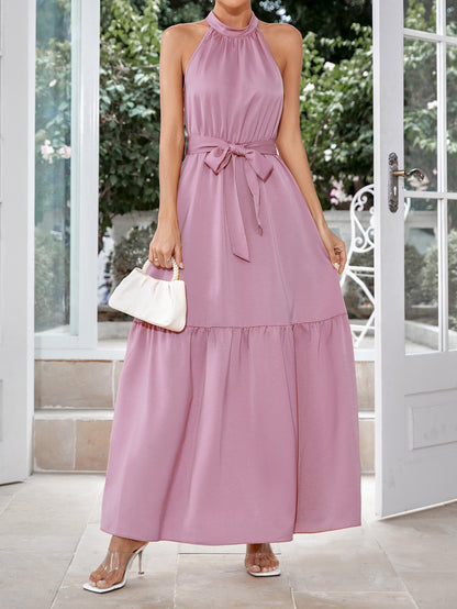 Belted Grecian Neck Tiered Maxi Dress